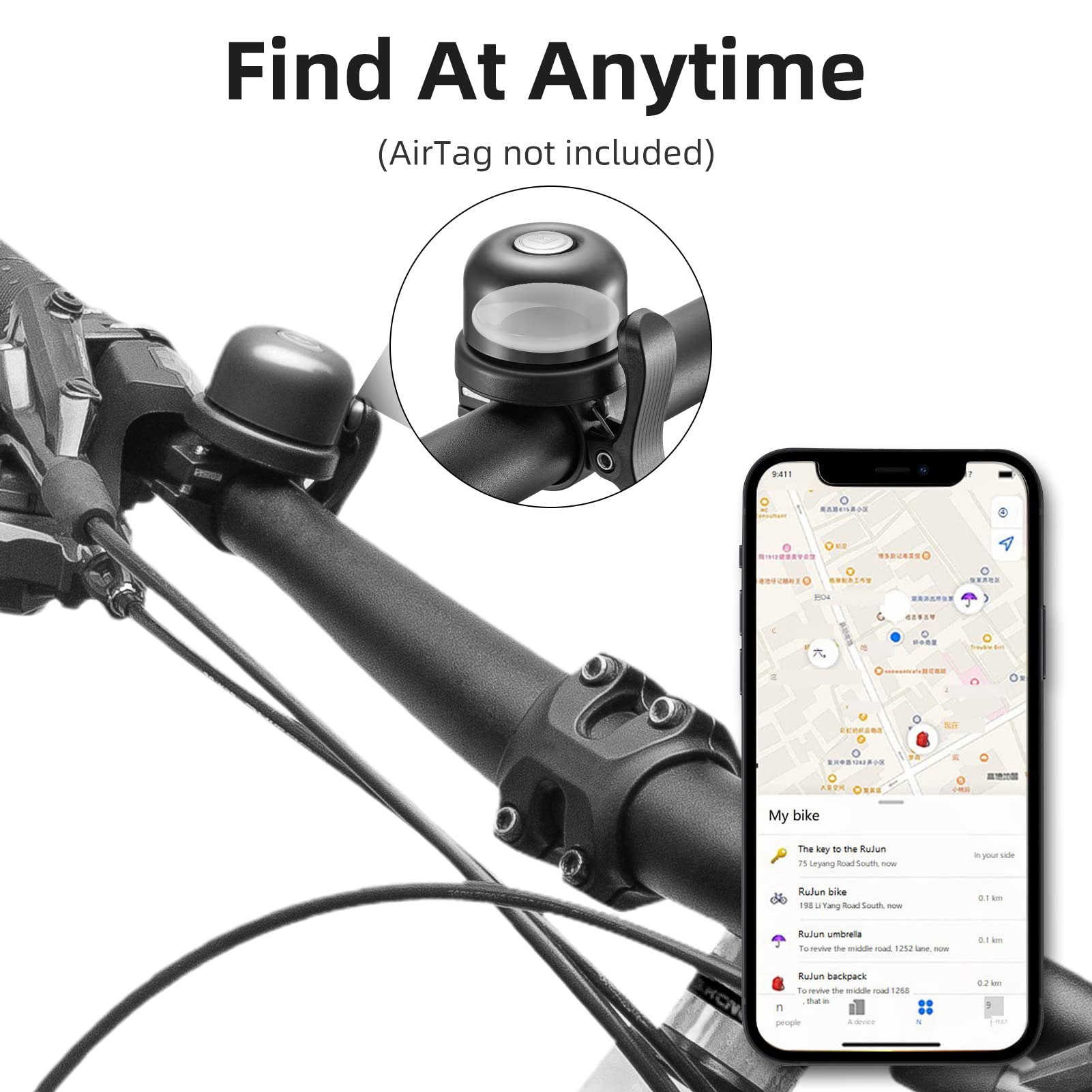 ROCKBROS Bike Bell for Apple AirTag Hidden Bike Mount Bike AirTag Holder GPS Tracker Bike Bell Anti-Theft for Adults Suitable for 0.87''/22.2, 1''/25.4, 1.25''/31.8mm Diameter Handlebar - Image 3
