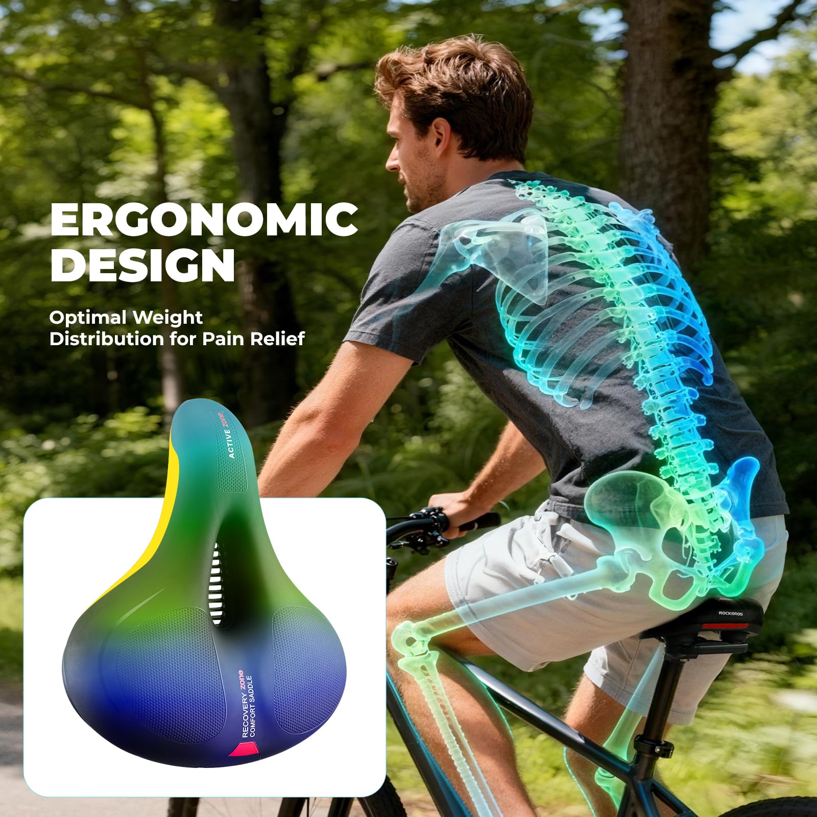 ROCKBROS Bike Seat Cushion for Men Women with Dual Shock Absorbing Ball Memory Foam - Ergonomic Bike Saddle, Handle for Easy Transport Soft Wide Waterproof Exercise Bicycle Seat for Peloton, Road Bike - Image 6