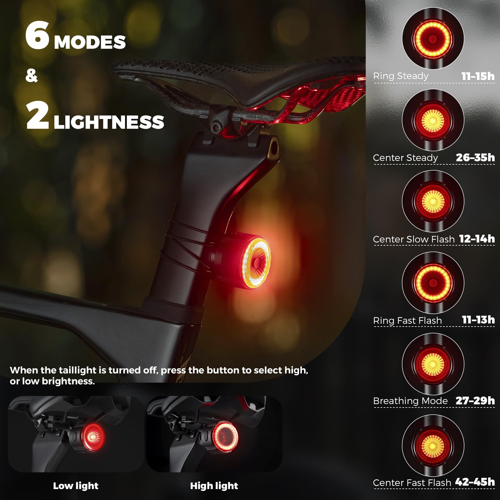 ROCKBROS Bike Taillight Smart Tag, Adjustable Angle & Dual Mounting Bicycle Rear Lights, Powerful Beads with Tunnel Optical Design, Type-C 420mAh Battery for Cycling Road to Sky Luxury Series - Image 7