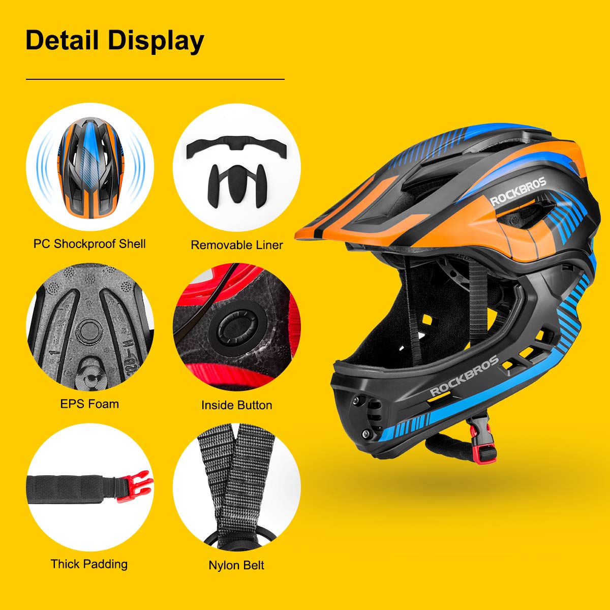 ROCKBROS Kids Full Face Helmet Kids Bike Helmets Lightweight Toddler Mountain Bike Helmet Detachable for MTB BMX Skating Cycling Scooter Safety Bicycle Helmets for Youth Child Boys Girls Ages 3-16 - Image 5