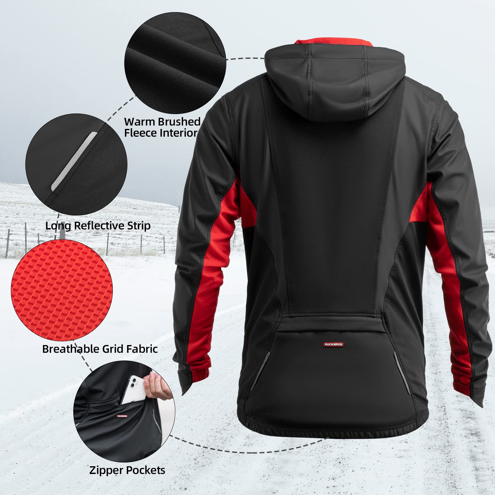 ROCKBROS Winter Cycling Jacket for Men Windproof Thermal Breathable Running Windbreaker Cycling Clothing Black - Image 4